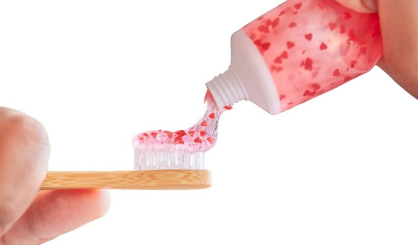 isolated saint valentine toothpaste and tooth brush